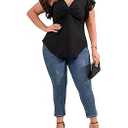 SOLY HUX Women's Plus Size Summer Crop Tops Rushed Bust Tie Front T Shirts Short Sleeve Deep V Neck Tees Plain Black 4XL