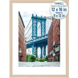 Icona Bay - 12x16 Light Oak Picture Frame Fits 11x15 Photos with Mat to 9x12 Image - Modern Style Engineered Wood Poster Frame - Wall Mount Only - Bliss Collection