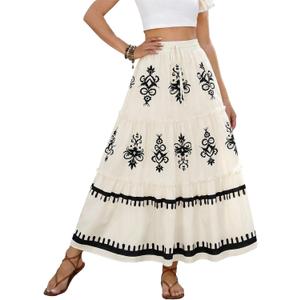 SOFIA'S CHOICE Western Boho Maxi Skirt for Women High Waisted Tiered A Line Flowy Long Skirts Beach Vacation (White, XL)