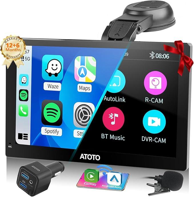 Wireless Portable CarPlay Screen & Android Auto, ATOTOEXCEL Portbale Car stereo, 7 inch QLED HD Touchscreen Auto-Dimmer Glare-Suppress, Car Radio Bluetooth Navigator, MirrorLink, AUX/FM