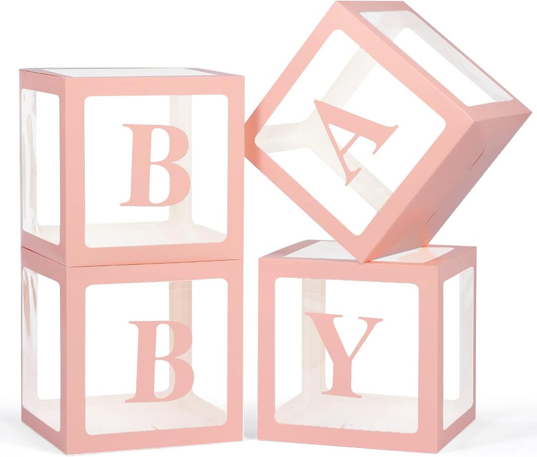 Baby Boxes with Letters for Baby Shower, 4 Transparent Balloon Boxes with Letters for Gender Reveal Birthday Wedding Baby Shower Decorations (Pink)
