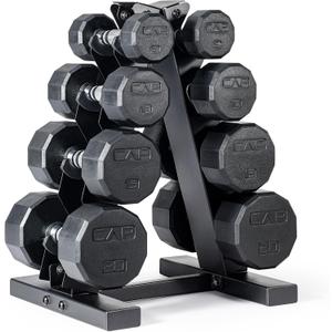 CAP Rubber Coated Hex Dumbbell Set with Storage Rack | 100–210 lb Options, Space-Saving Vertical Compact Storage for Home Gym Strength Training