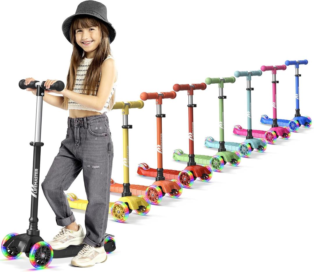 Lifemaster Mini 3-Wheel Kids Scooter with Multi-Color Wheel Lights 4-Height Adjustable Handlebar, Wide Anti-Slip Deck, Child Safety Certified, Boys & Girls Ages 2+ Supports Up to 110 lbs
