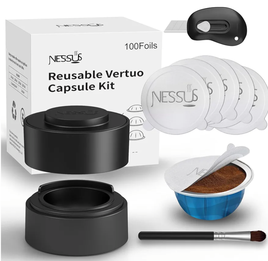 Nessus Reusable Kit for Nespresso Pods Vertuo, Reuse Old Coffee Pods for Nespresso Vertuo: 100 Pcs Aluminum Foil Seal Lid, Holder, Brush, Refillable Vertuo Plus Next Capsule Machine(No Pods Come)