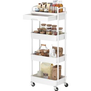 Dttwacoyh 4-Tier Rolling CartTrolley with Drawer, Kitchen Storage Organizer with Plastic Shelf & Metal Wheels, Storage Cart for Living Room, Kitchen, Office, Bathroom, White