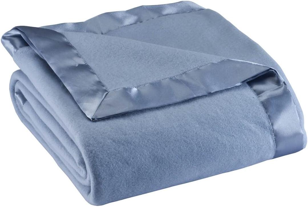 OakRidge Satin Fleece Blanket, Full/Queen, Twin or King Size 100% Polyester Lightweight Fabric and Cozy Satin Binding Edges in Tightly Folding Travel Blanket, Blue