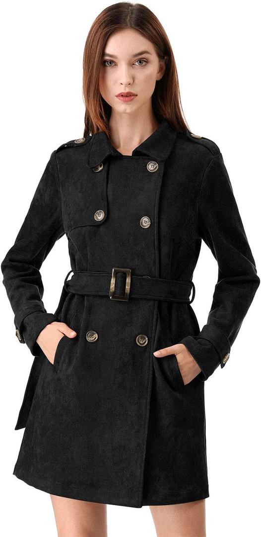 Allegra K Women's Faux Suede Trench Coat Notched Lapel Double Breasted Jacket with Belt M