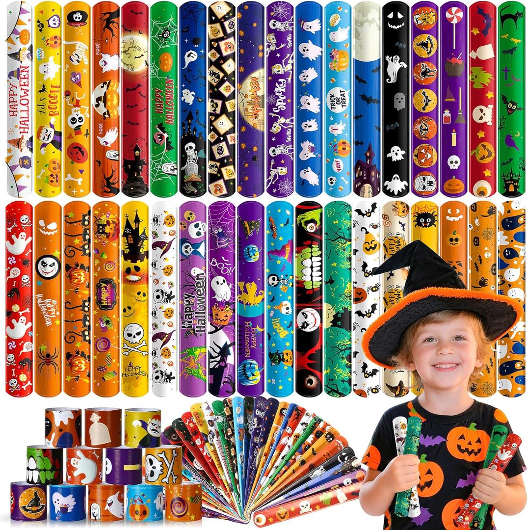 Childom 48Pcs Halloween Slap Bracelet For Kids,Halloween Decorations Gifts Party Favors Bracelet Decoration Outdoor,School Classroom Prizes Snap Bracelets Bulk Decor,Holiday Favors for Kids,Boys,Girls