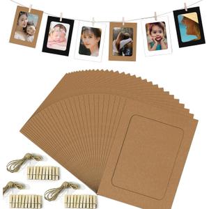 Paper Photo Frame,30pcs Kraft Hanging Picture Frames Display for 4x6in Photo, Cardboard Photo Frames 30 Clothespins with 3 Ropes for Home Wall Decor ,School and Office Decor, 4x6 Inch Kraft 30