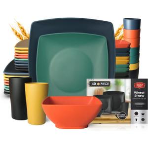 Teivio 40-piece Kitchen Wheat Straw Square Dinnerware Set, Service for 10, Unbreakable Dinner Plates, Salad Plates, Snack Bowls, Cups 13.5 oz, Colorful Plastic, Dishwasher Safe Dishes, Autumn Multicolor