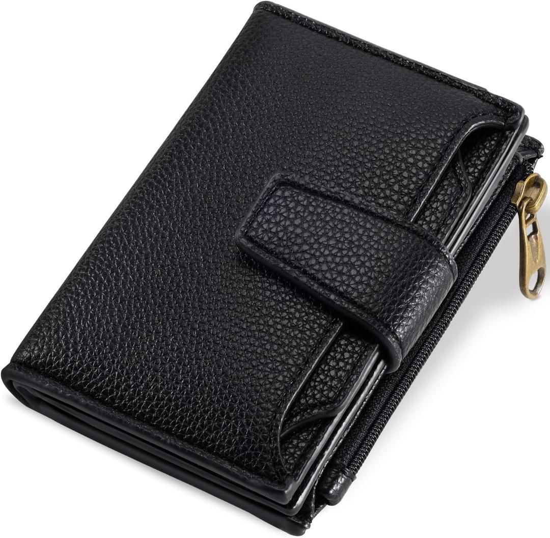 Small Wallet Women RFID Blocking Soft Leather Bifold Compact Card Holder Wallet for Women with Zipper Coin Pocket 4 ID Window (Black)