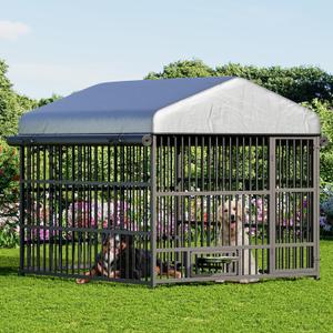 HOOBRO Outdoor Dog Kennel with Cover, 6.6 x 6.6 x 6.4 ft Dog Kennel Outside with Waterproof Roof and Rotating Feeding Bowls, Heavy-Duty Large Cage Enclosure, for Medium & Large Dogs, Black BK220GW03