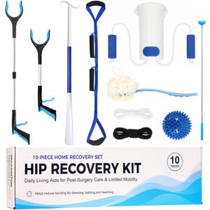 10PCS Hip Kit Post Surgery for Seniors - Hip Replacement Kit After Surgery - 32" & 21" Grabber Reachers, Sock Aid, Leg Lifter, Shoe Horn&Dressing Stick, No-tie Shoelaces, Back Scratcher & Shower Brush