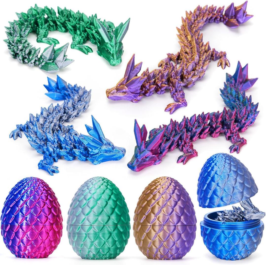 TBOLINE 4PCS 3D Printed Dragon Egg, Articulated Crystal Animals Fidget Toys, Small 3D Printer Dinosaur Eggs Birthday Party Favors Toy for Kids, Kids Valentines Day Gifts for Boys Girls 5-7 8-12