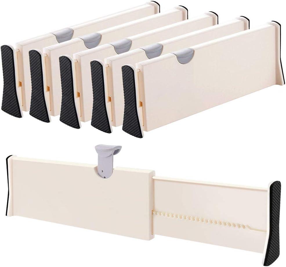 Drawer Dividers Organizer 5 Pack, Adjustable Separators 4" High Expandable from 11-17" for Bedroom, Bathroom, Closet,Clothing, Office, Kitchen Storage, Strong Secure Hold, Foam Ends, Locks in Place (Beige)
