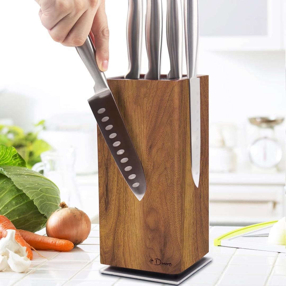 Dmore magnetic knife block without knives, 360 rotatable magnet knife holder stand made of fine acacia wood, Extra Large capacity knife storage for knives and utensils for kitchen counter top (Wide: 4.5x4.5 inches)