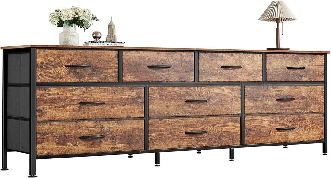 Huuger 63 Inch Dresser for Bedroom, Long Dresser with 10 Fabric Drawers, TV Stand for 55, 65, 70 Inch TV, Toy Storage Organizer for Closet, Rustic Brown