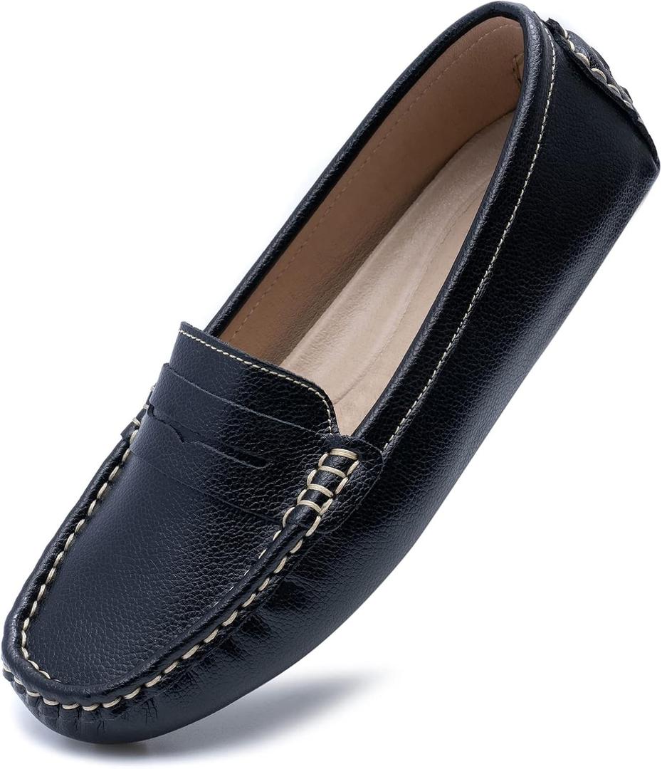 Heydonic Women's Loafers Moccasins Soft Casual Walking Driving Ladies Office Penny Flats Boat Shoes Women Slip On Comfortable Leather (11, Black)