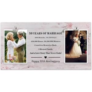 50 Years Anniversary Wedding Gift Couple,Then & Now Anniversary Picture Frame, Happy 50th Anniversary Keepsake for Parents, 50 Years of Marriage Wood Photo Frame Gift Holds Two 4x6 Inches Photos, 8x15