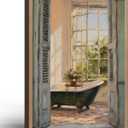 Framed Vintage Canvas Wall Art Print Classical Bathroom Bathtub Poster Flowers Gallery Style Picture Home Decor Rustic Bathroom farmhouse Apartment 16X24 Inch Ready to Hang