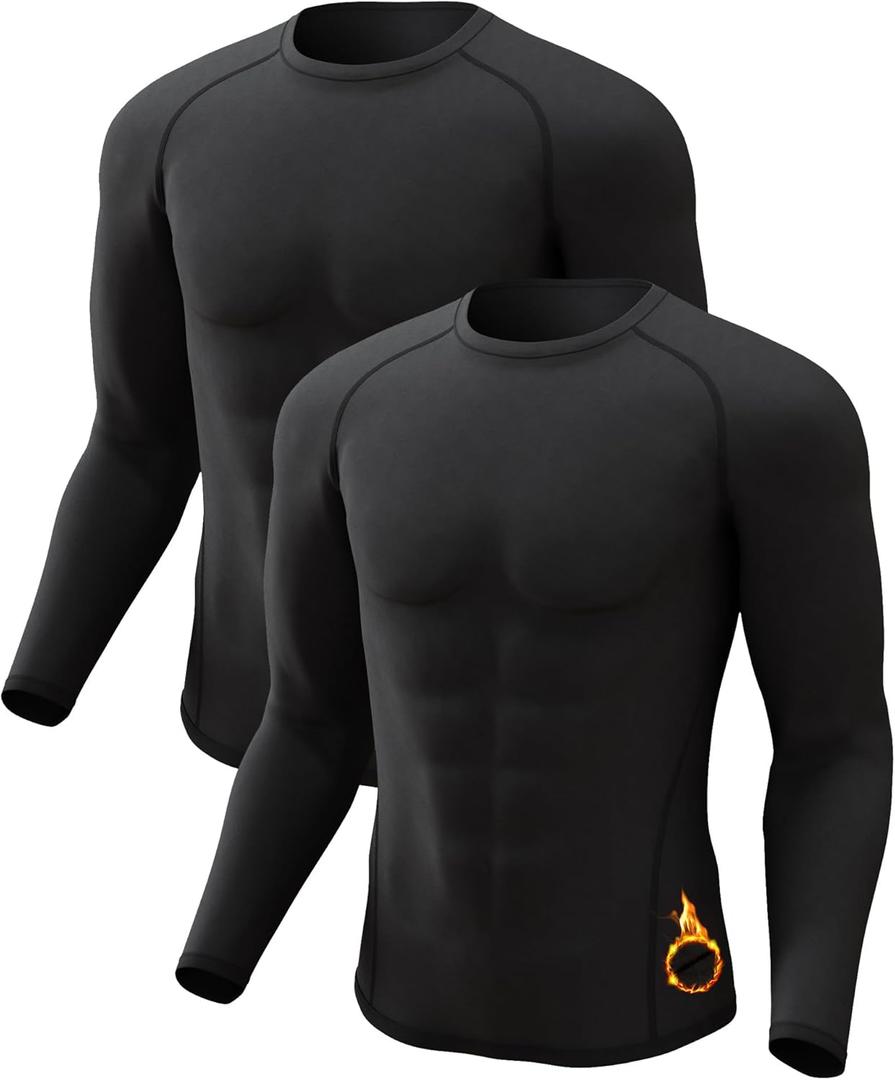 CL convallaria 2 Pack Men's Thermal Shirt Long Sleeve Fleece Lined Tops Base Layer Long John Shirts for Men, Large, Crew Neck-Black/Black