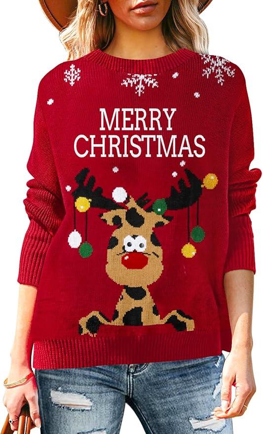 Pink Queen Women's Turtleneck Ugly Christmas Santa Snowflake Reindeer Knit Pullover Sweater Dress Red XL