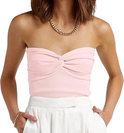 Womens Tube Tops Twist Knot Summer Strapless Y2K Crop Top Ribbed Knit Vacation Outfits Pink S
