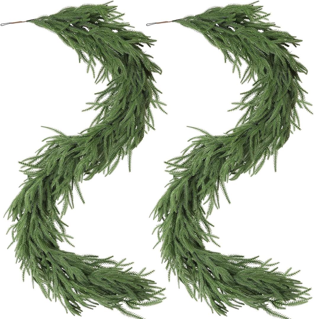 2Pcs 6FT Christmas Norfolk Pine Garlands Decoration, 120 Branches Real Touch Artificial Faux Green Pines Winter Garland for Fireplace Table Mantle Stairs Xmas Holiday Indoor Outdoor Decor