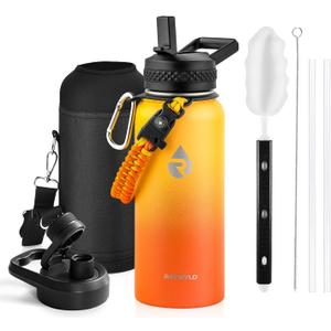 RAYMYLO Insulated Water Bottle 32 oz, Triple Wall Vacuum Stainless Steel (Cold for 24Hrs, Hot for 12Hrs), Leak Proof & Non-BPA, Modern Water Flask Jug with Paracord Handle & Straw Spout Lids