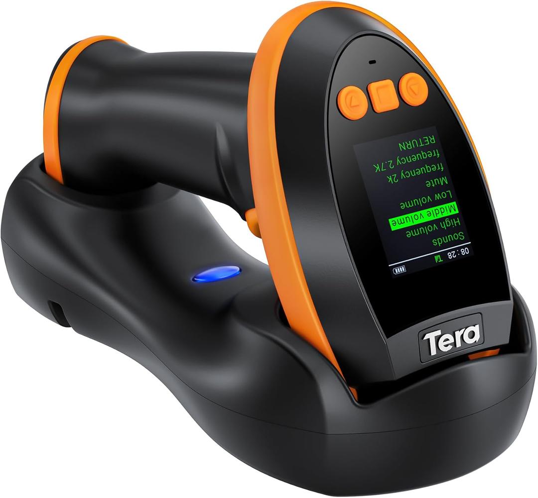 Tera Barcode Scanner Wireless with Screen: Pro Version 1D 2D QR with Setting Keypad Charging Cradle Works with Bluetooth 2.4G Wireless USB Wired Handheld Bar Code Reader HW0009 (Orange)