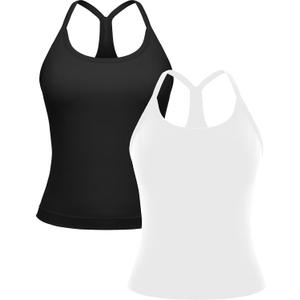 MathCat Workout Tank Tops for Women with Built in Bra, Sleeveless Gym Tops Seamless Racerback Athletic Yoga Shirts 2 Pack (X-Large, Black & White)