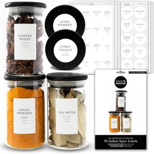 Indian Spice Labels Stickers for Jars and Lids - 96 South Asian Spice Jar Labels Waterproof Preprinted, Seasoning Herb Stickers for Containers Kitchen Pantry Organization