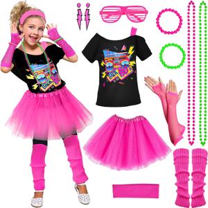 Latocos 14 Pcs 80s Costume Accessories T-Shirt Tutu Skirt Outfits Halloween Cosplay 1980s Theme Retro Party Girls ((XS-6-8 Y-for height 43.3-47.2in))