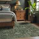 Washable Area Rug 4x6 Green Rugs for Living Room, Vintage Boho Large Rug for Bedroom Dining Room Office, Distressed Floral Print Carpet for Under Table, Soft Non Slip Low Pile Throw Carpet Indoor Mat