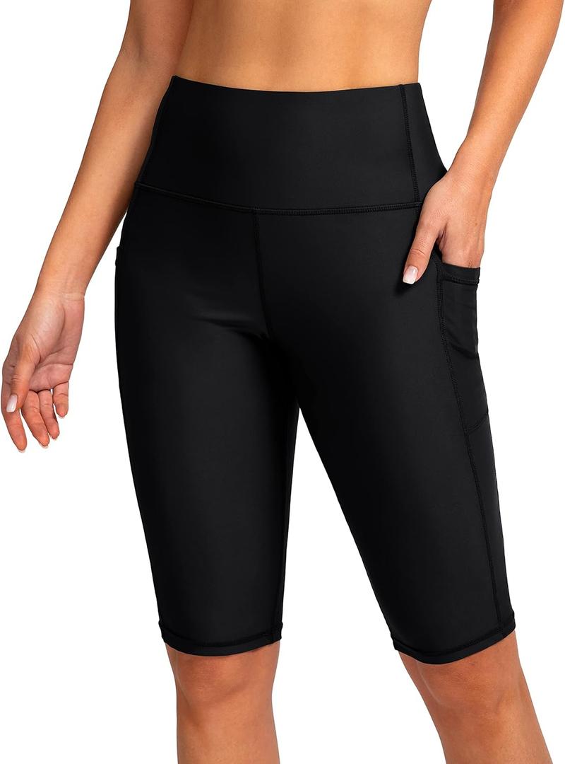 SANTINY Women's High Waisted Swim Shorts with Pockets UPF50+ Long Board Swimming Shorts for Women with Liner (XX-Large, Black)