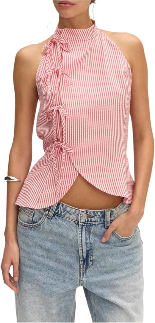 WDIRARA Women's Striped Bow Tie Front Halter Tops Asymmetrical Sleeveless Backless Tank Tops (Red, M)