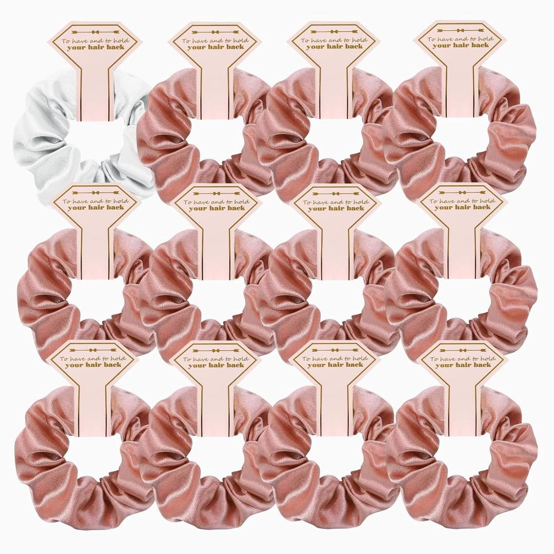 Satin Bridesmaid Scrunchies Bachelorette Hair Ties Set of 12 Bridal Shower No Damage Hairties ideas Gift for Wedding Party Favors Bridesmaid Proposal Gifts(12pcs White&Rose Gold)