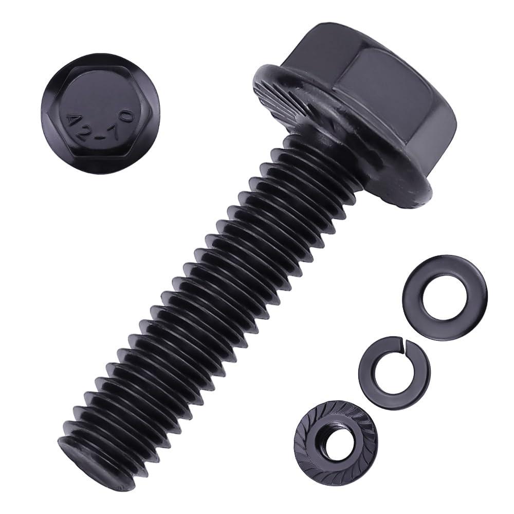 16-Sets 1/4-20 x 1-1/2" Hex Flange Bolts & Flange Nuts Combo Kit with Flat and Lock Washers- 304 Stainless Steel 18/8, Black Coated, for Heavy Duty Applications