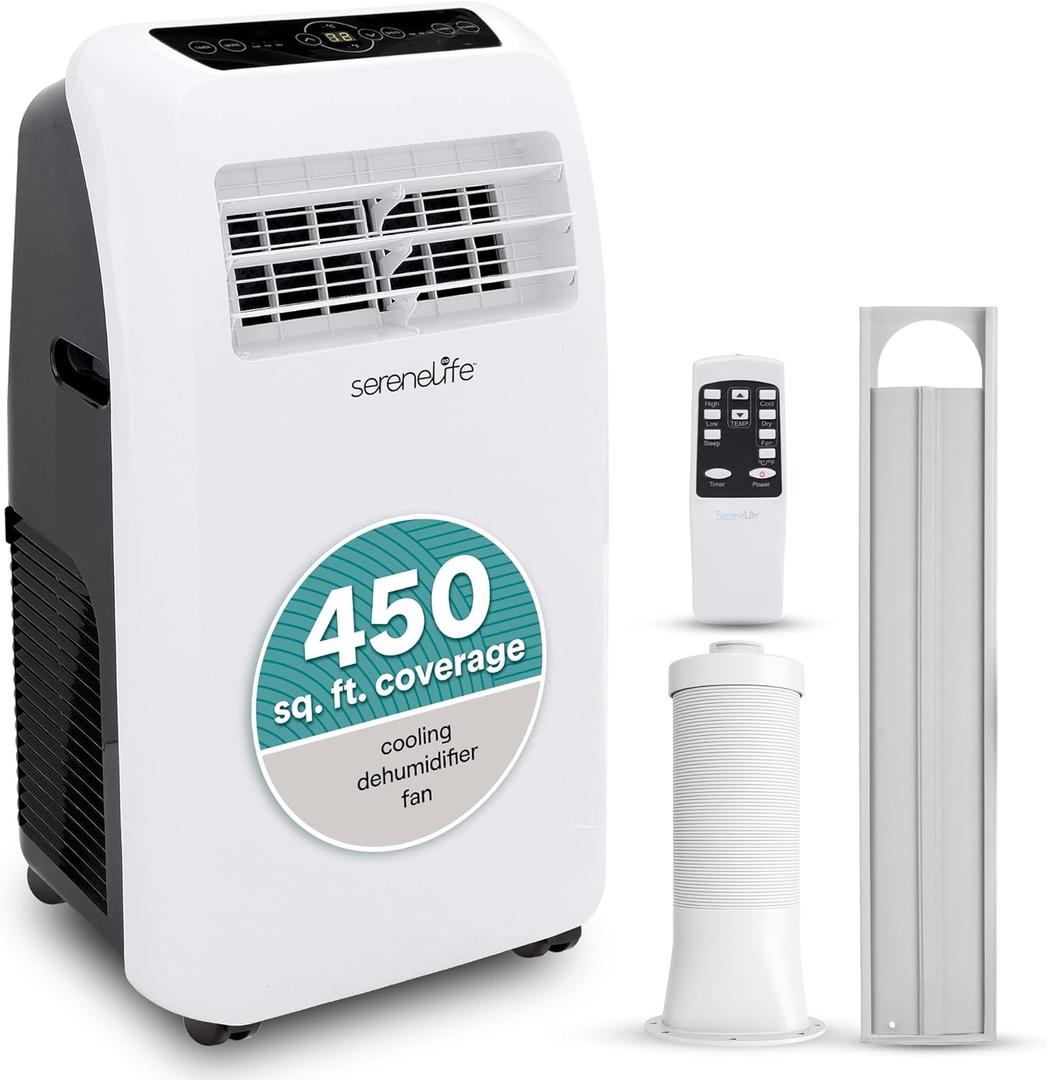 SereneLife Small Air Conditioner Portable 12,000 BTU with Built-in Dehumidifier - Portable AC unit for rooms up to 550 sq ft - Remote Control, Window Mount Exhaust Kit (White)