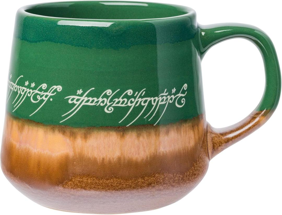 Silver Buffalo Lord of The Rings Elven Text High Gloss Reactive Glaze Tapered Pottery Mug,18 Ounces (Green/Brown/Multi)