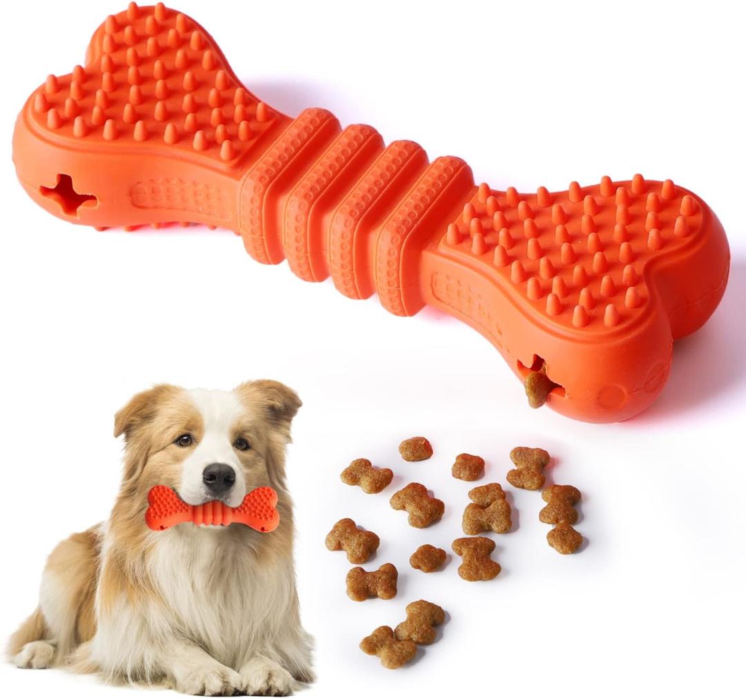 Nobleza Durable Treat Dispensing Dog Chew Toys, Safe Natural Rubber Dog Bone Toy for Teething and Teeth Cleaning of Small and Medium Breeds, 6 * 2.1 * 1.3 in, Orange