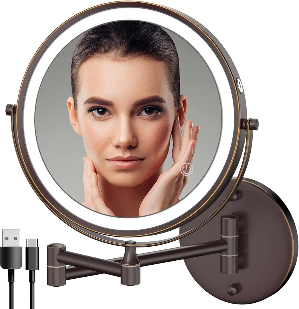 Rocollos Rechargeable Wall Mounted Lighted Makeup Mirror, 8 Inch Double-Sided LED Vanity Mirror 1X/10X Magnification,3 Color Lights Touch Screen Dimmable 360Swivel 13 Inch Extendable