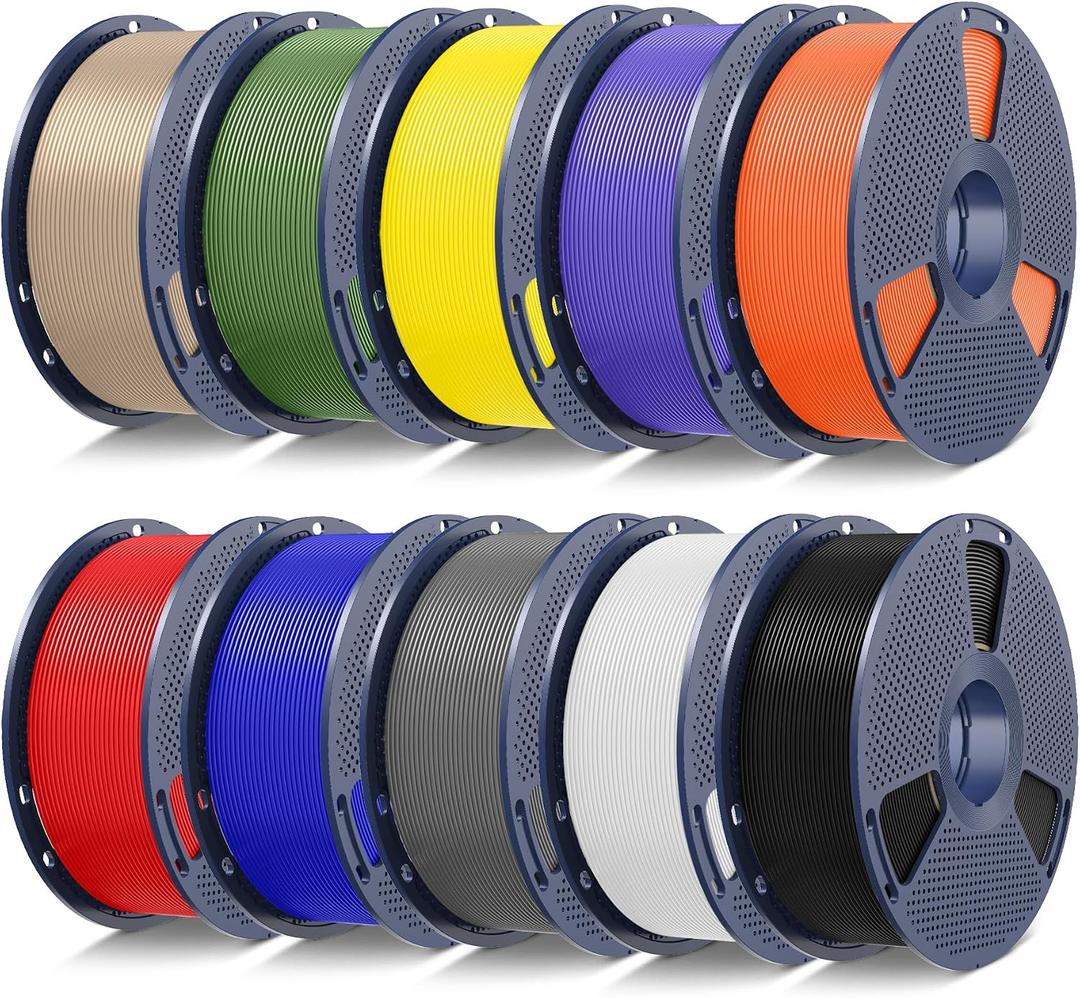SUNLU PLA+2.0 3D Printer Filament Bundle,10KG Upgrade PLA Plus Filament 1.75mm, 3DFilament Multicolor, 1KG Spool, 10 Pack, Black+White+Grey+Blue+Red+Yellow+Olive Green+Orange+Purple+Wood Color