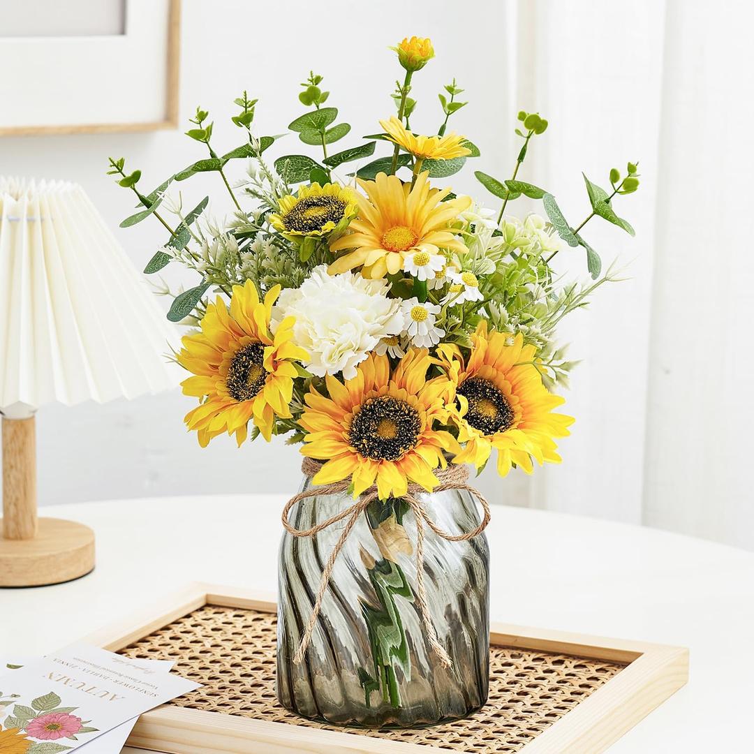 Fake Flowers Artificial Sunflowers with Vase, Faux Silk Flowers Plants for Home Office Decorations, Kitchen Dining Table Decor, Farmhouse Centerpiece Table Decoration (Yellow)