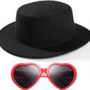 Fashion Classic Black Fedora Hats + Red Heart Sunglasses Costume Outfit - Flat Wide Brim Church Cap Jazz Hats, for Women and Men