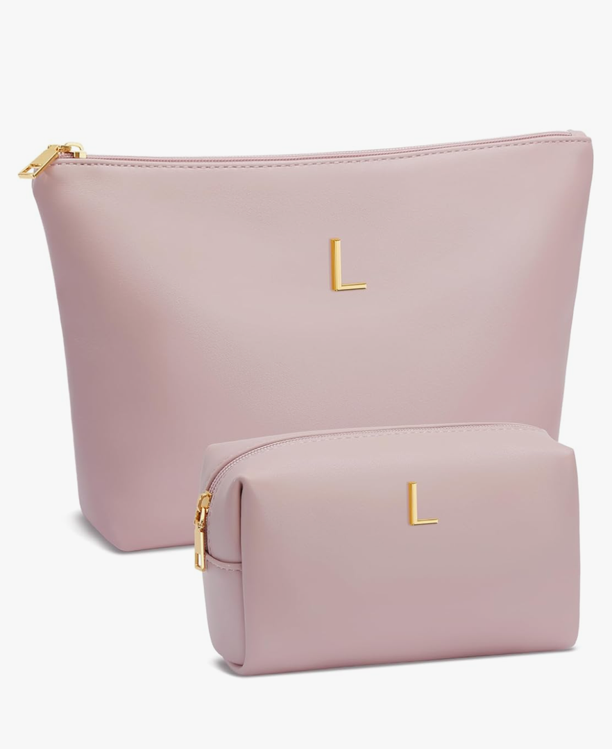 Women Gifts | Initial Makeup Bag Set for Girl Personalized Gifts for Bridesmaid Friend Graduation Teachers PU Leather Cosmetic Travel Toiletry Bag(Pink,L)