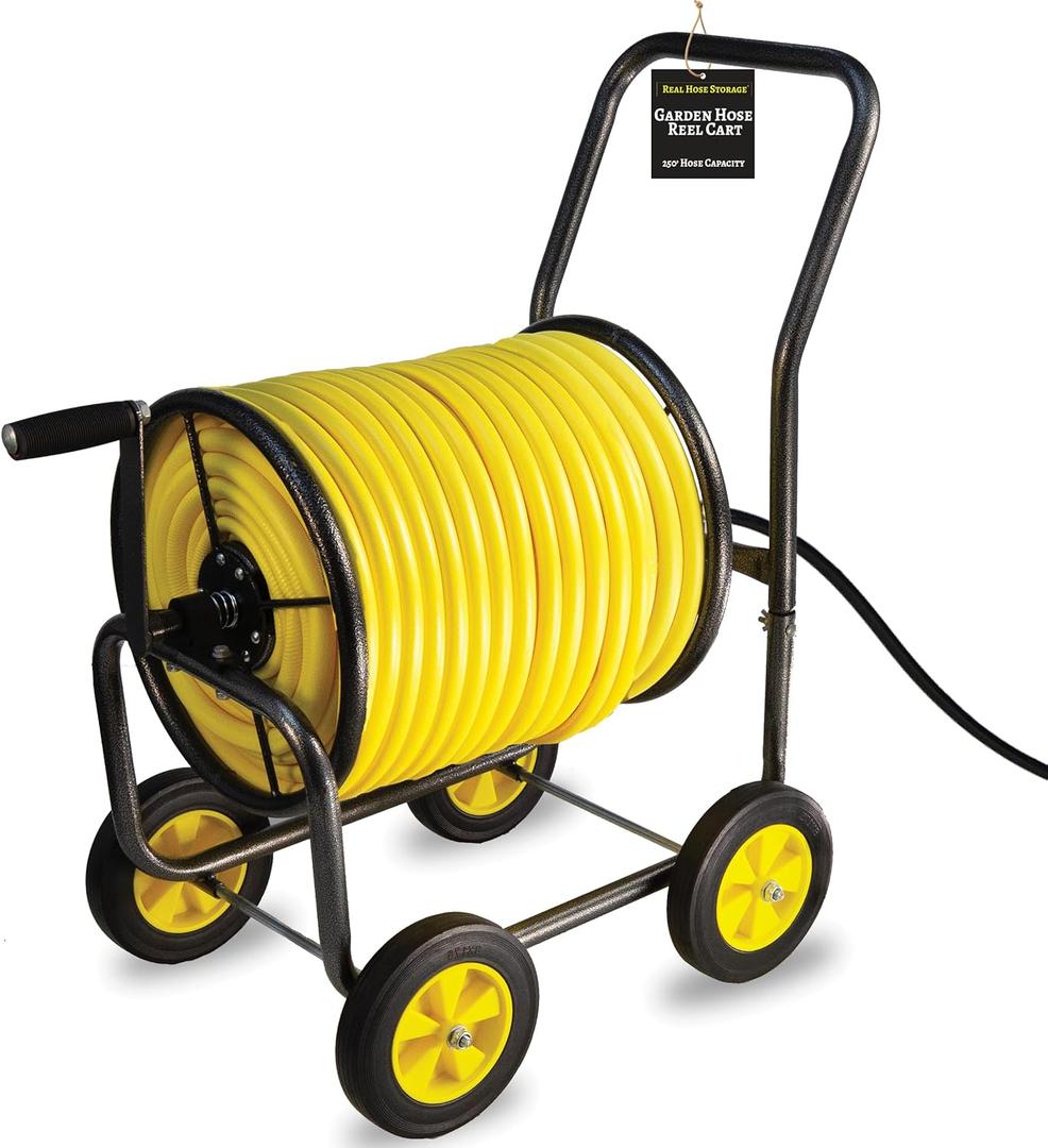 Garden Hose Reel Cart, Heavy Duty Steel Reel with Wheels, Garden Hose Holder for Outside, Backyard, or Lawn, Mobile Garden Cart Holds Up to 250 ft of 5/8