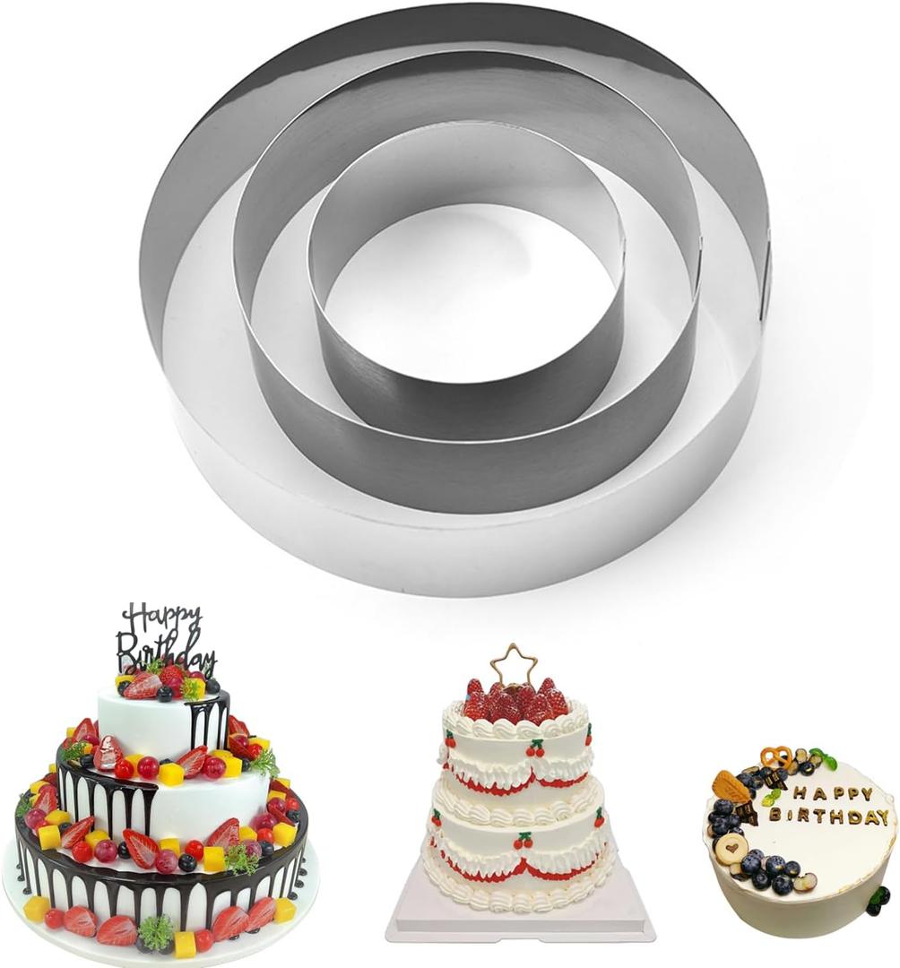 Cake Ring Set, 3 Packs Round Cookie Cutter, Stainless Steel, Silver, 4/6/8 Inch