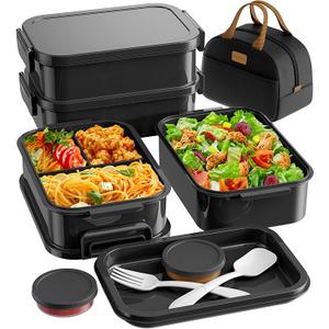 Adults Bento Lunch Box Set with Thermo Bag, 74oz Stackable Leak-proof 2-tiers Bento Box, Built-in Utensil and Sauce Container for Work, School, Dining Out (Black)