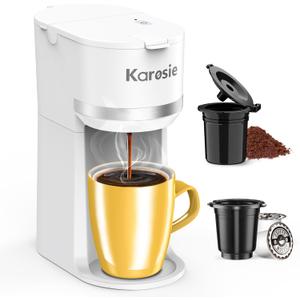 Single Serve Coffee Maker for K-Cup and Grounds, Fast Brew, 6-12 oz Brew Sizes Single Cup Coffee Maker Fits 5.5" Mugs, One-Button Small Coffee Maker, Descaling Reminder,White,9.45 Inches